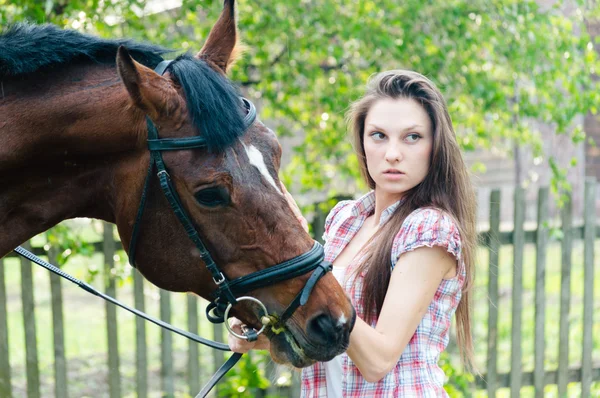 Piękna młoda brunetka kobieta trzyma konia — Zdjęcie stockowe