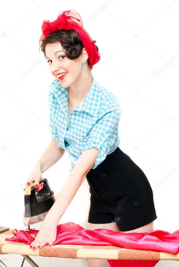 Funny pinup woman holding iron