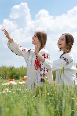 iki genç mutlu kadın geleneksel Ukrayna buğday alanında elbise