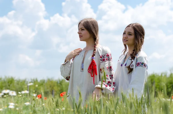 Two young happy women in traditional ukrainian dress in wheat field — Stock Photo, Image