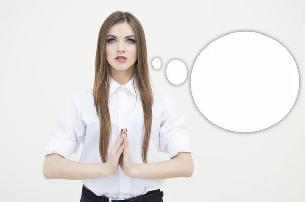 Retrato de mulher de negócios meditando em fundo copyspace branco e bolha — Fotografia de Stock