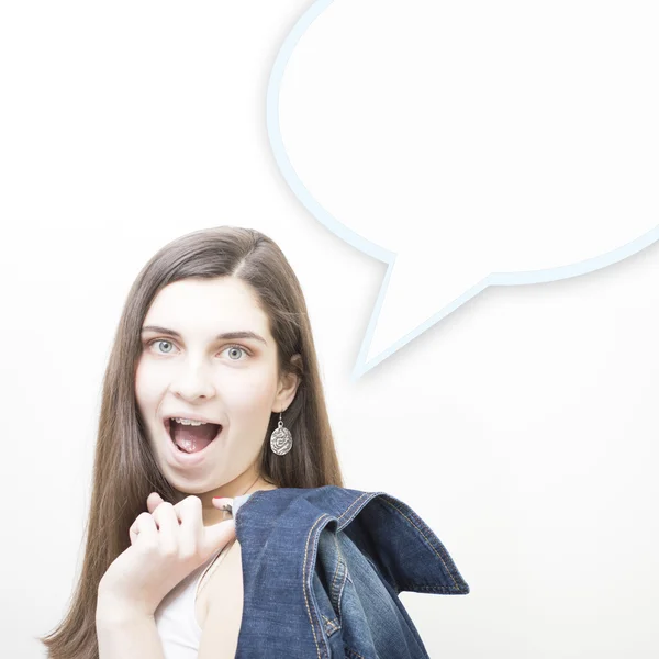 Boldog diák nő fehér copyspace háttér és buborék-portré — Stock Fotó