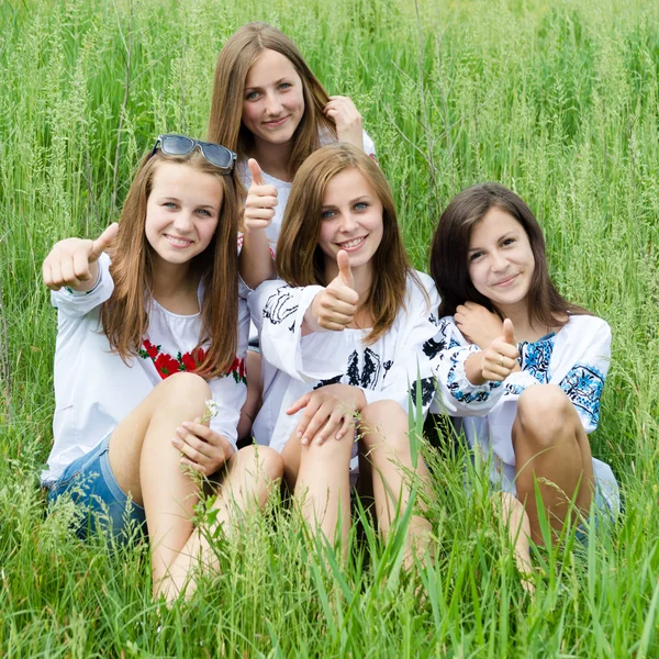 Quatro felizes amigos adolescentes mostrando polegares na grama verde — Fotografia de Stock