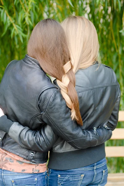 Two teenage girls having their long hair twisted — Stock Photo, Image