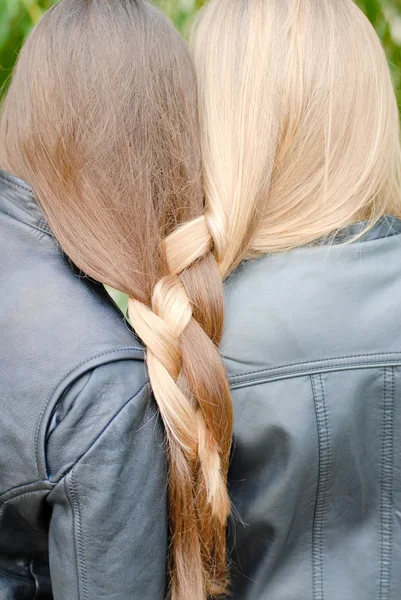 Two teenage girls having their long hair twisted — Stock Photo, Image