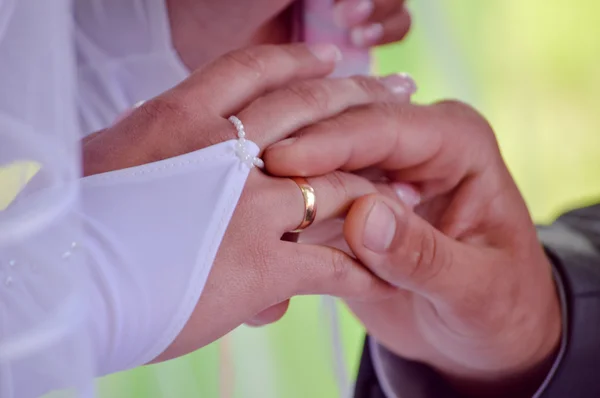 Wedding couple exchange rings fingers closeup — Stock Photo, Image