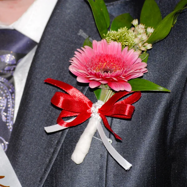 Belle gerbera boutonnière sur costume de marié — Photo