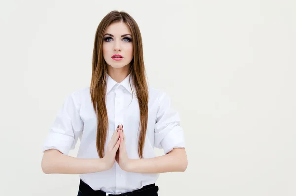 Jovem mulher de negócios bastante pensativo meditando — Fotografia de Stock