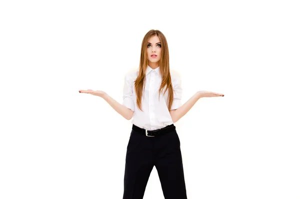 Beautiful young woman presenting something imaginary with her hands on white background — Stock Photo, Image