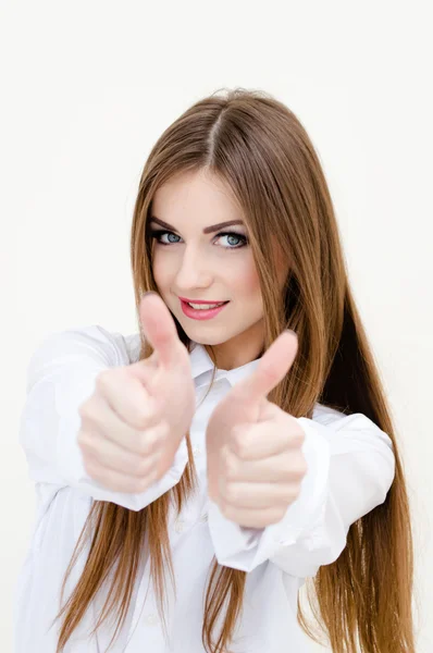 Jonge zakenvrouw dragen man shirt duimen opdagen — Stockfoto