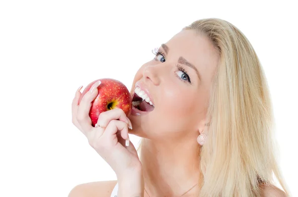 Beautiful happy healthy woman eating apple Stock Photo