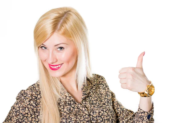 Beautiful young woman showing thumb up copy space — Stock Photo, Image