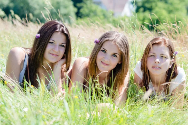 Três feliz adolescente menina amigos deitado em alta grama verde — Fotografia de Stock