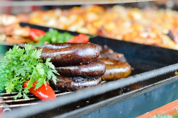 Various Hungarian sausages on a counter — Stock Photo, Image