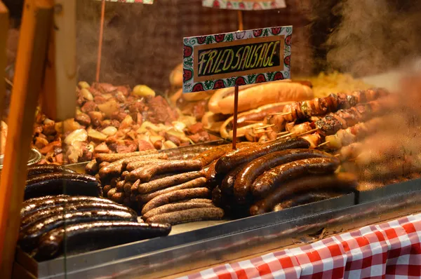 Various Hungarian sausages on a counter — Stock Photo, Image