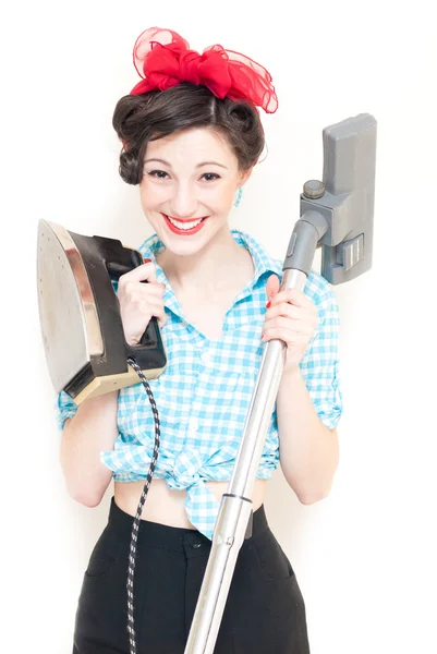 House wife with iron & vacuum cleaner — Stock Photo, Image