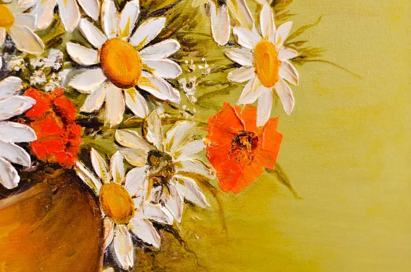 Ромашки і макові квіти деталізація масляного живопису крупним планом — стокове фото