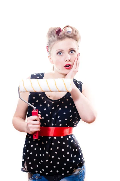 Surprised woman  holding bolster — Stock Photo, Image