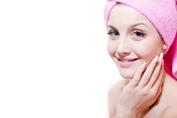 Blond woman with pink towel — Stock Photo, Image