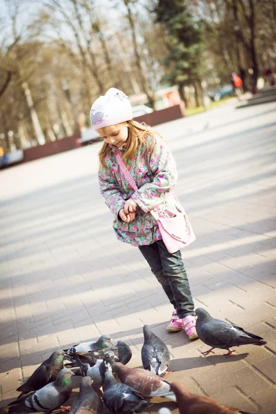 Hermosa niña alimentando palomas — Foto de Stock