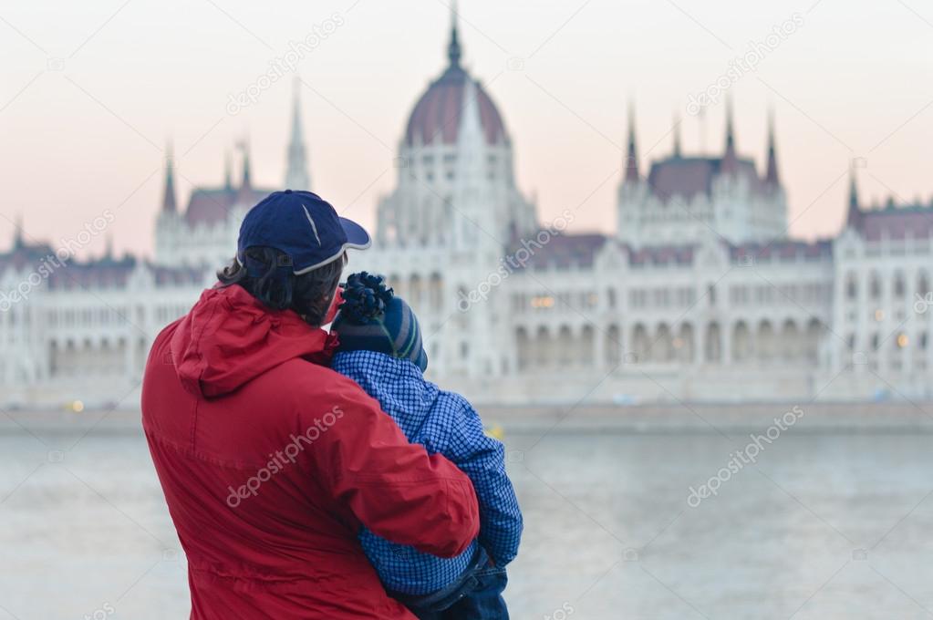 Father and kid sightseeing in Budapest