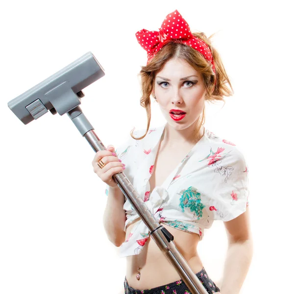 Beautiful young blond pinup woman holding vacuum cleaner looking in camera isolated on white background portrait — Stock Photo, Image