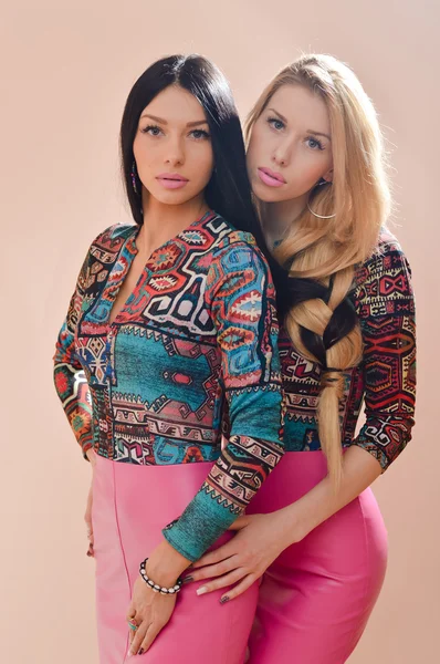 2 beautiful blonde and brunette sexy young women girl friends or sisters having fun standing together in pink leather dresses looking at camera on ivory background portrait — Stock Photo, Image