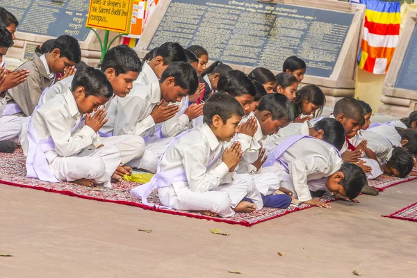 Young children pray in tibetan buddhist monastery Sarnath — Stock Photo, Image