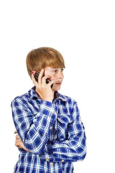 Cute handsome young boy speaking a mobile phone — Stock Photo, Image