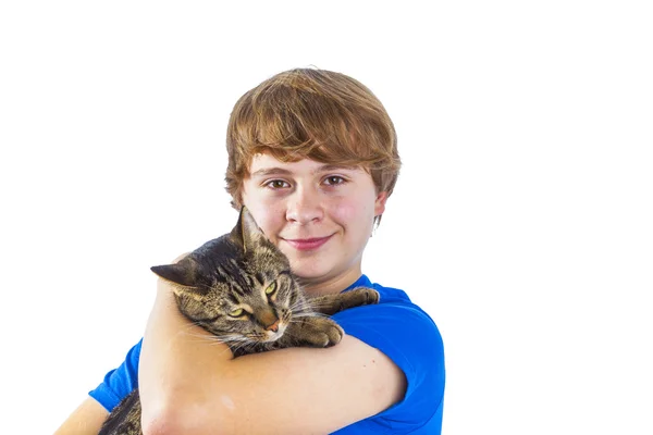 Chłopiec przytulanie z jego kot — Zdjęcie stockowe