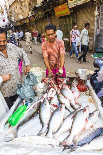 Sälja fisk på fiskmarknaden i new delhi — Stockfoto