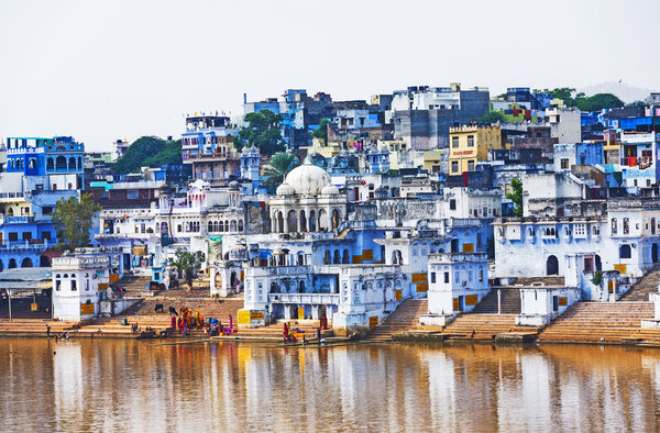 view of the city of pushkar, rajastan, india.