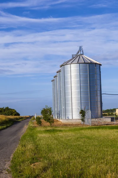 Quattro silos d'argento nel campo di mais — Foto Stock