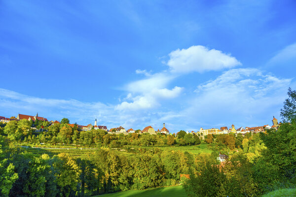 Rothenburg ob der Tauber, old famous city from medieval times seen from the romantic valley of the river Tauber