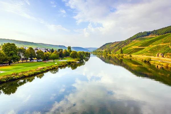 Wijngaarden op de heuvels van de romantische rivier Moezel rand in su — Stockfoto
