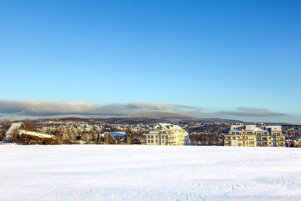 Пейзаж с жилым районом зимой и голубым небом — стоковое фото