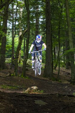 yokuş aşağı motorcu atlar ormandaki bir rampa üzerinde