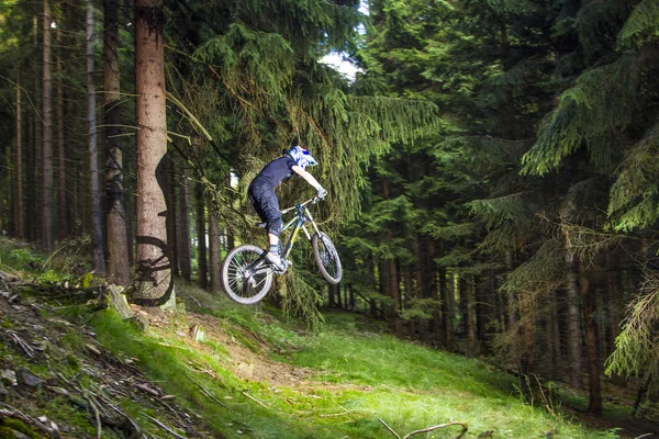 Motociclista cuesta abajo salta sobre una rampa en el bosque — Foto de Stock