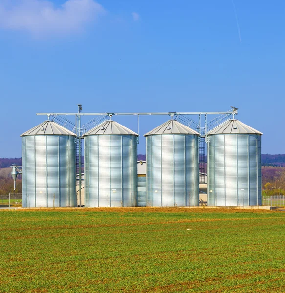 Silver silos in field Stock Photo