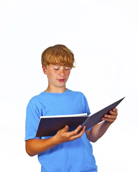 Handsome teen, reading, isolated on white, studio shot — Stock Photo, Image