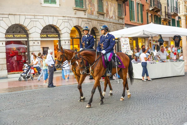 Policías con caballos observan el paisaje en la entrada de la — Foto de Stock