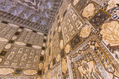 Ayrıntılar duvarların içinde zengin döşenmiş amber fort ayında jaipur, Hindistan