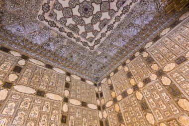 Ayrıntılar duvarların içinde zengin döşenmiş amber fort ayında jaipur, Hindistan