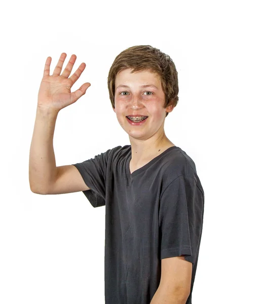 Happy joyful boy gives sign — Stock Photo, Image