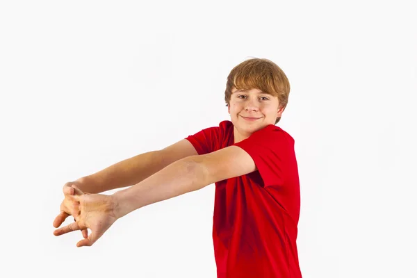 Menino bonito gesticulando com braços — Fotografia de Stock