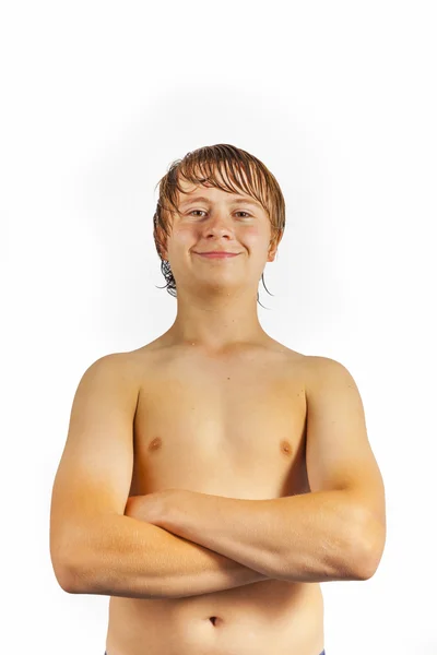 Smart handsome boy with wet hair poses in Studio — Stock Photo, Image