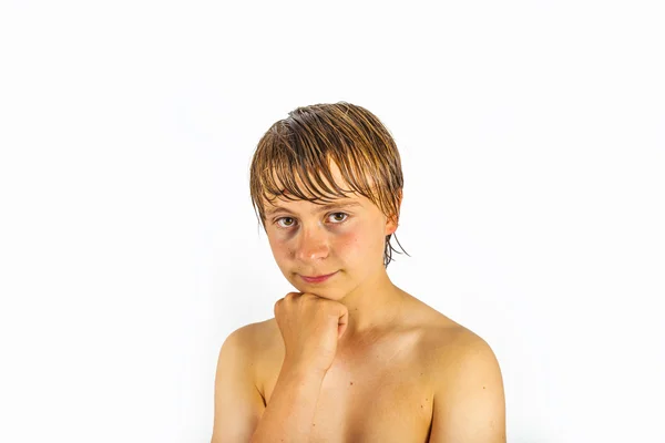 Smart handsome boy with wet hair poses in Studio — Stock Photo, Image