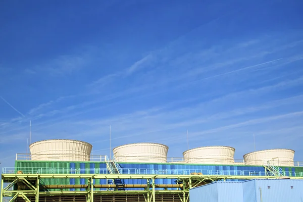 Blue chimney in industry plant with smoke — Stock Photo, Image