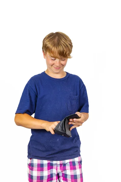 Boy is checking the pocket money in his purse — Stock Photo, Image