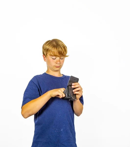 Boy is checking the pocket money in his purse — Stock Photo, Image